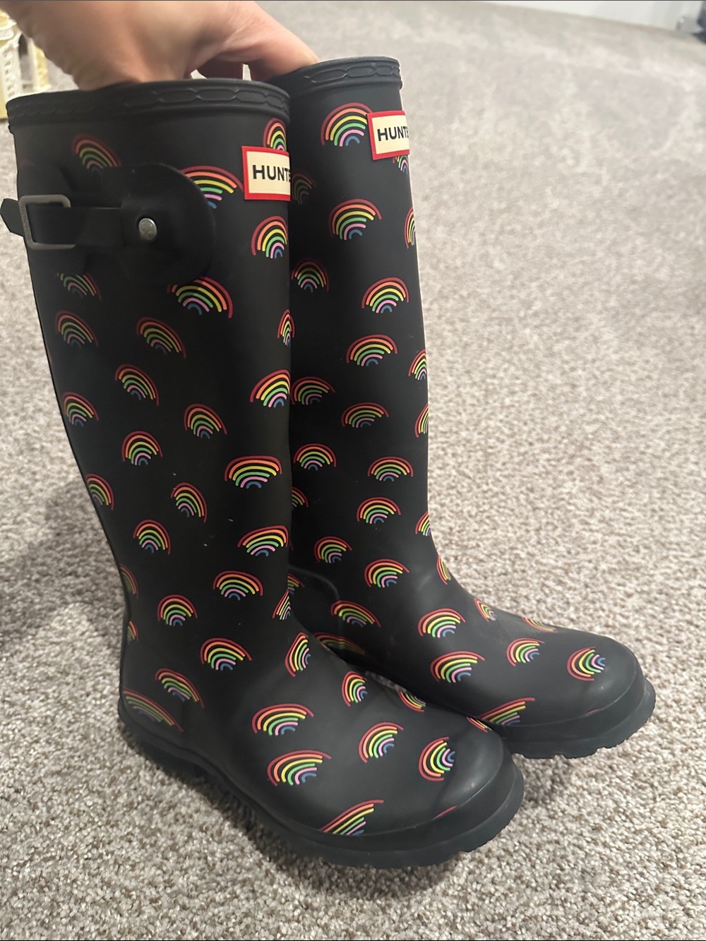 Hunter Kids Black Rain Boots with Multicolor Rainbow Pattern